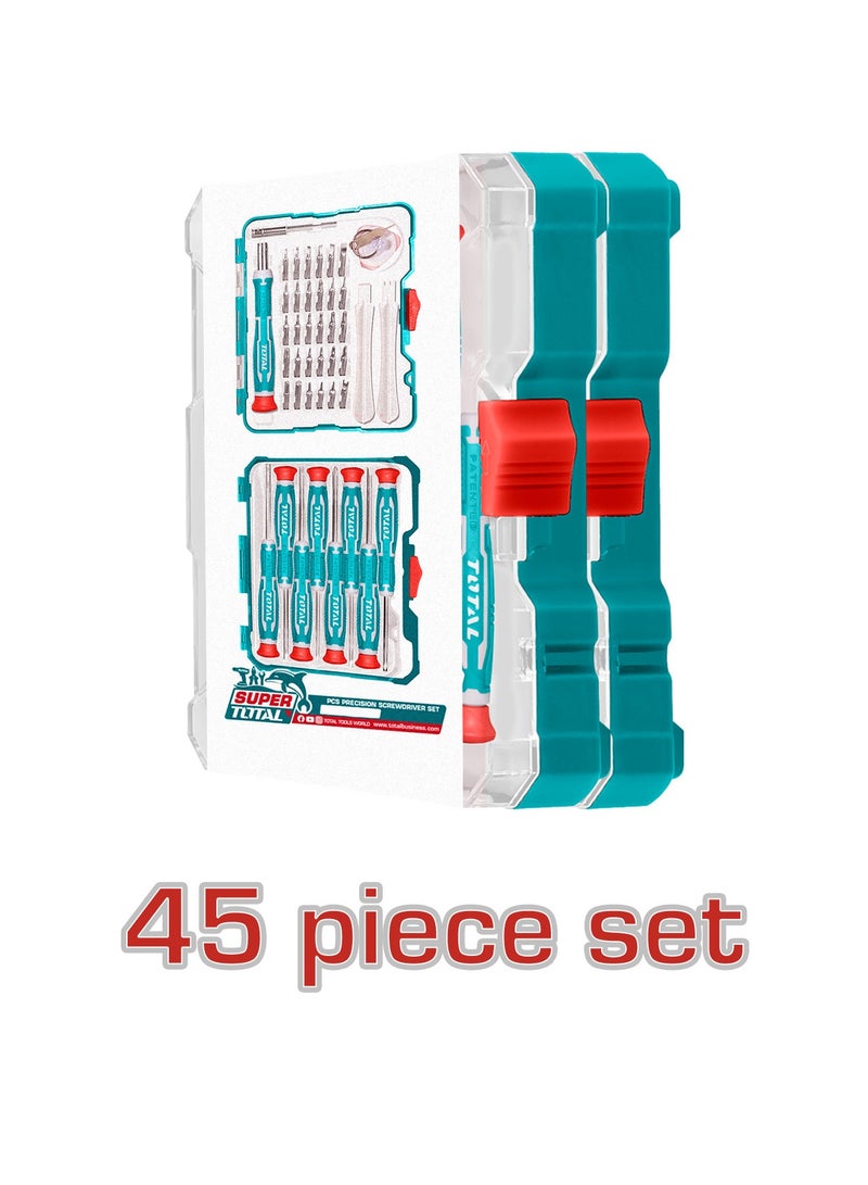 توتال طقم مفكات ودقّات دقيق احترافي من توتال مكوّن من ٤٥ قطعة مع علبة تخزين، مصنوع من فولاذ كروم فاندوم، يضم أنواعًا متعددة من الرؤوس تشمل المستقيمة والمتصالبة والسداسية وتوركس وخماسية النجمة، مع أداة شفط وأدوات فتح - Image 4